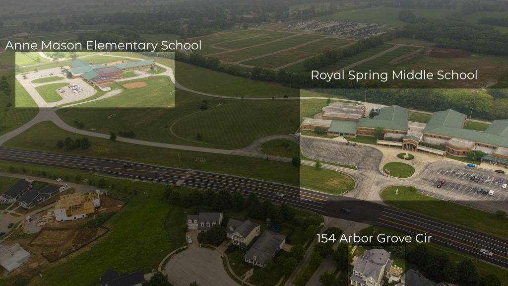 A drone image showing a home and how close it is to two schools. 