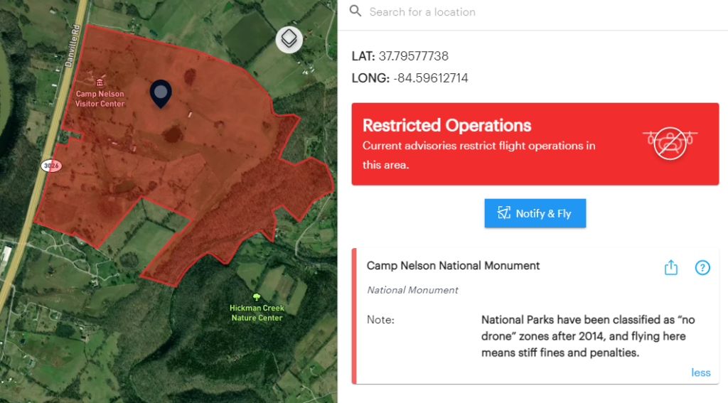 Image showing no-fly zone around Camp Nelson National Monument in Nicholasville, Ky. 